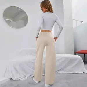 Women solid color drawstring fleece lined sweatpants casual wide leg trousers for autumn winter