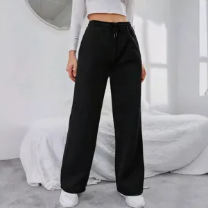 Women's solid color drawstring fleece-lined sweatpants casual winter sports loose long pants