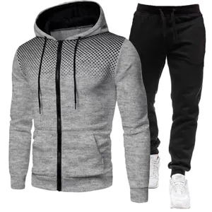 Men casual fleece zip hoodie and sweatpants set with dot pattern for autumn winter.