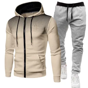 Men's fleece zip-up hoodie and sweatpants tracksuit set with dot gradient shoulder design.