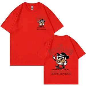 Red vintage graphic t-shirt for men and women, featuring stylish cowboy cartoon print design.