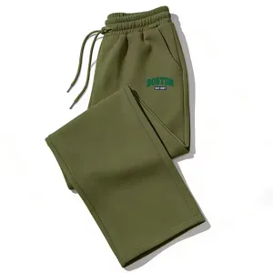 Green loose drawstring sweatpants with letter print, casual wide leg track pants for daily wear.