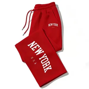 Red loose sweatpants with New York letter print casual streetwear trousers for men and women