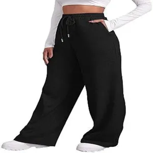 High waisted black wide leg sweatpants detail featuring comfortable adjustable drawstring waist.