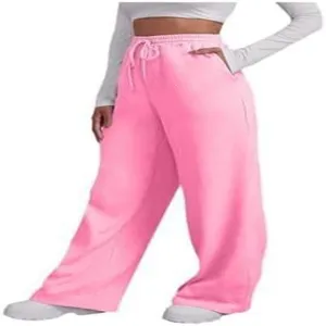 Detailed view of trendy high waisted pink wide leg sweatpants with comfortable drawstring.