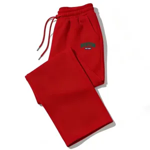 Red loose wide leg sweatpants with Boston letter print, comfortable drawstring casual pants.