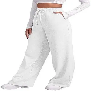 Detailed view of women's high-waisted grey wide leg sweatpants with adjustable drawstring.