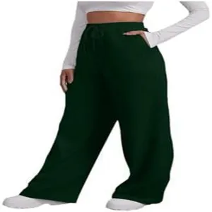 Women high waisted wide leg sweatpants in dark green, casual comfort fit with drawstring waist.