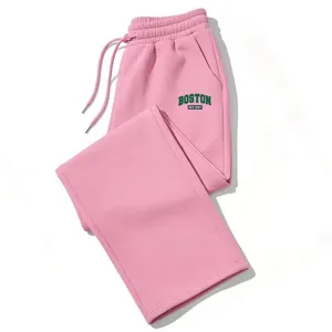 Pink loose sweatpants for women and men, casual streetwear with drawstring and Boston print.