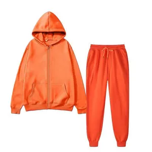 Orange fleece zip hoodie sweatpants tracksuit set casual sportswear two piece outfit