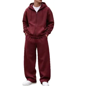 Men streetwear solid color zip hoodie wide leg sweatpants casual tracksuit maroon 2pcs