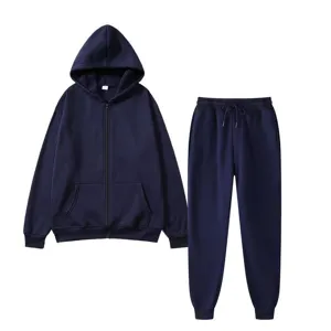 Detailed view of dark blue fleece zip hoodie and sweatpants tracksuit set for daily wear.