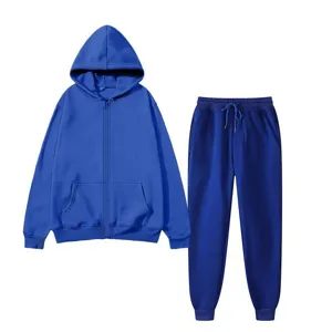 Blue fleece zip up hoodie and sweatpants set loose casual sportswear two piece tracksuit