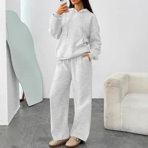 Dames Casual Geferd Effen Kleur Hoodie En Rechte Broek Trainingspak Winter Lange Mouw Met Capuchon Top En Broek Set