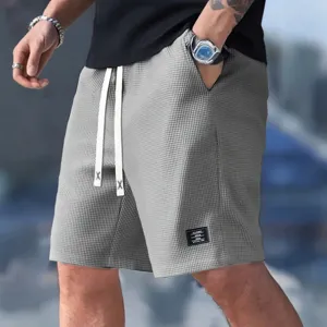 Men's casual waffle knit shorts summer streetwear elastic drawstring Bermuda shorts gray