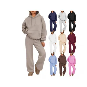 Dames Casual Effen Kleur Hoodie En Rechte Pijp Broek Trainingspak Set Heerlijk Zacht
