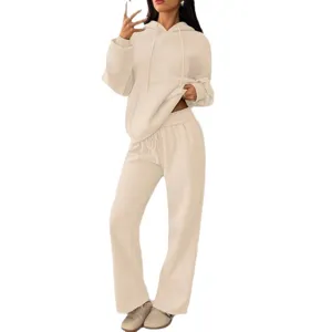 Dames effen kleur hoodie sweatshirt en comfortabele rechte joggingbroek casual set