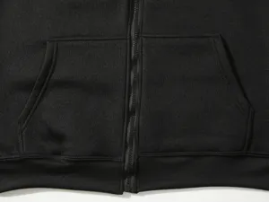Schwarzer Kapuzenpullover mit Reißverschluss Detail Vorderansicht, Sportbekleidung Top.