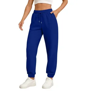 Detailed view of casual sweatpants with elastic drawstring waist, deep pockets, and comfy cuffs.