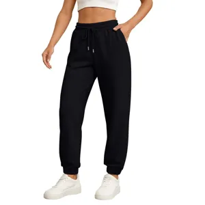 Detailed view of casual black sweatpants with drawstring waist for daily wear and sports.
