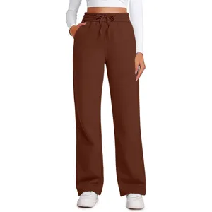 Women's high waist drawstring wide leg sweatpants casual loose fit brown lounge pants