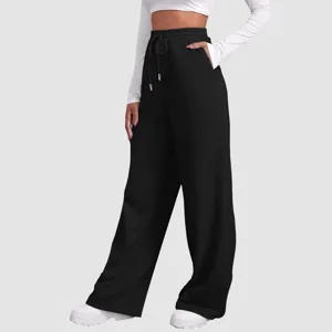 Women high waisted black wide leg sweatpants with drawstring casual comfortable trousers.
