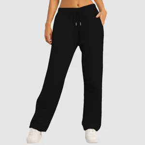 Women's black high waisted wide leg sweatpants with drawstring casual comfortable trousers