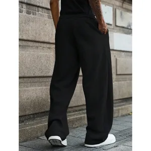 Men's casual black wide leg sweatpants loose fit streetwear trousers back view detail shot