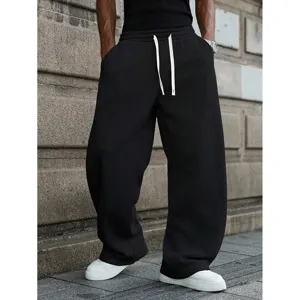 Men black loose wide-leg sweatpants casual long trousers with white long drawstring detail