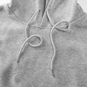 Grey cotton hoodie drawstring detail, casual apparel close up, comfortable daily wear texture.