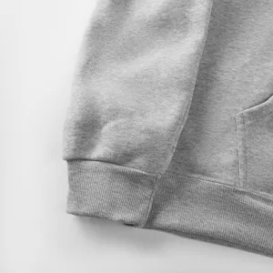 Grey cotton hoodie sleeve detail shot showcasing soft texture and ribbed cuff design.