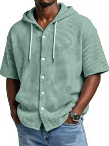 Men's summer casual waffle knit short sleeve hoodie with buttons and drawstring style.