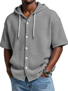 Men's casual waffle knit short sleeve hoodie with button front and adjustable drawstring.