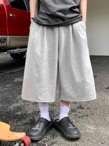 Men's casual loose fit wide leg solid color grey shorts summer streetwear detail view