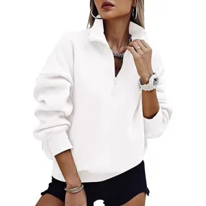 Women casual half zip sweatshirt white long sleeve stand collar pullover streetwear top