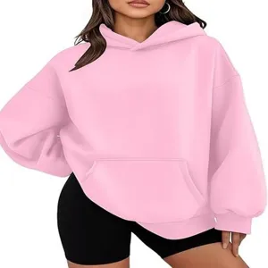 Felpa con cappuccio oversize in pile rosa da donna, pullover manica lunga con spalle scese.
