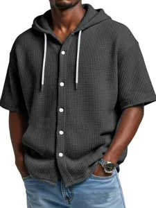 Men's waffle knit short sleeve hoodie detail, casual button-up style with adjustable drawstrings.
