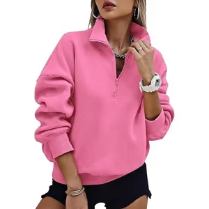 Women pink quarter zip sweatshirt casual long sleeve pullover y2k autumn fashion top