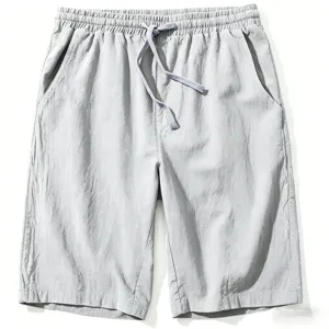 Light grey cotton linen casual shorts detail, elastic drawstring waist and side pockets.