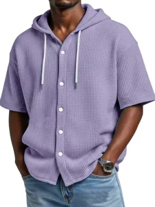 Men's Summer Short Sleeve Waffle Knit Hooded Shirt Casual Button Down Pullover Top