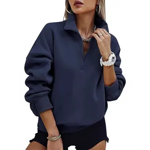 Women half-zip navy blue sweatshirt casual long sleeve stand collar pullover top for autumn.