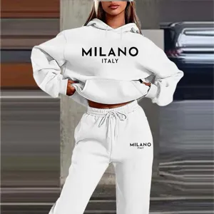 Ensemble de sport femme blanc deux pieces sweat a capuche confortable jogging tendance vetement casual