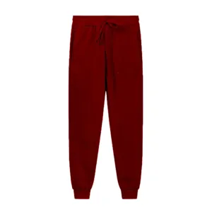 Detail view of dark red fleece sweatpants, featuring comfortable drawstring waist and cuffs.