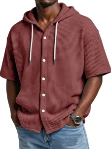 Men's waffle knit short sleeve button up hoodie product detail showing texture and fit.