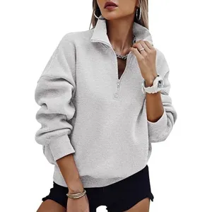 Women's grey quarter zip sweatshirt long sleeve stand collar pullover casual Y2K autumn top