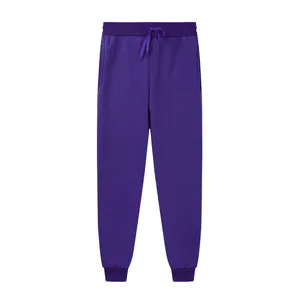 Detailed close-up shot of the purple sweatpants highlighting the adjustable drawstring waist and snug cuffs.