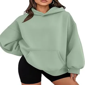 Moderne Felpa oversize verde salvia da donna con cappuccio e comoda tasca casual