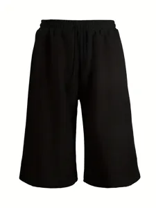 Men's black loose casual wide leg shorts detail view, comfortable elastic waist design.