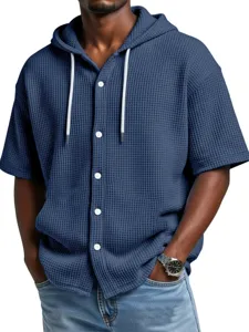 Men waffle knit short sleeve hoodie detail shot, casual button up shirt texture close up view.