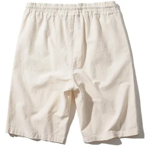 Back view details of casual cotton linen shorts, breathable fabric and comfortable elastic waist.